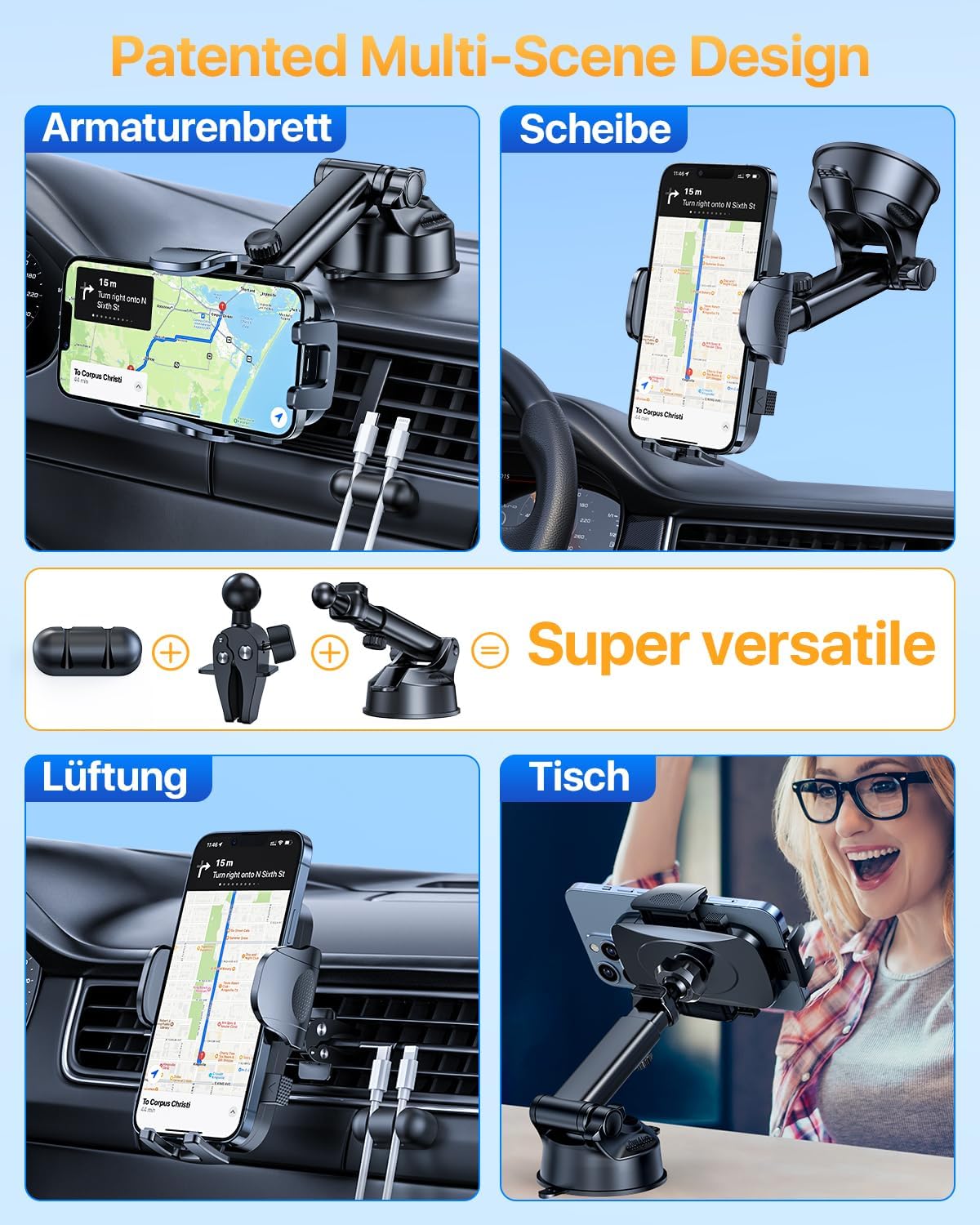 YRU [2025 Upgrade Extreme Strong Suction] Car Phone Holder Mount,[Bumpy Road Stable] Dashboard Cell Phone Holder for Car Vent Windshield Phone Stand for iPhone 16 15 14 13 Pro Max Samsung Truck, Grey