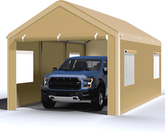 Carport 10x20 Ft, Heavy Duty Car Canopy with Reinforced Ground Bar, Portable Garage with Roll-up Windows and Removable Sidewalls, Galvanized Car Shelter, Large Outdoor Storage Shed (Yellow)