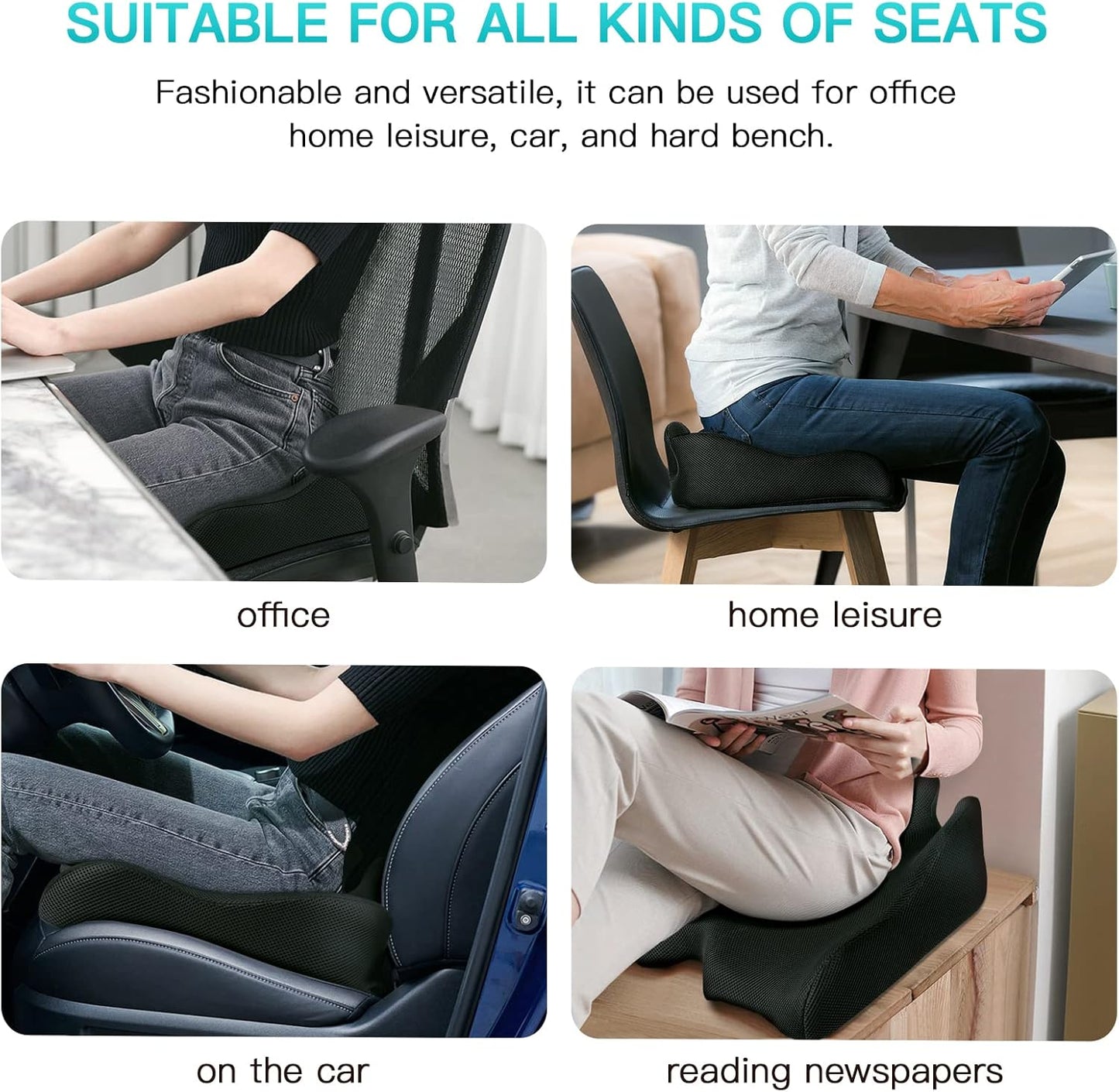Benazcap Standard Memory Seat Cushion for Office Chair Pressure Relief Sciatica & Tailbone Pain Relief Firm Coccyx Pad for Long Sitting, Office Chair, Gaming Chair and Car Seat-Black, Standard Size