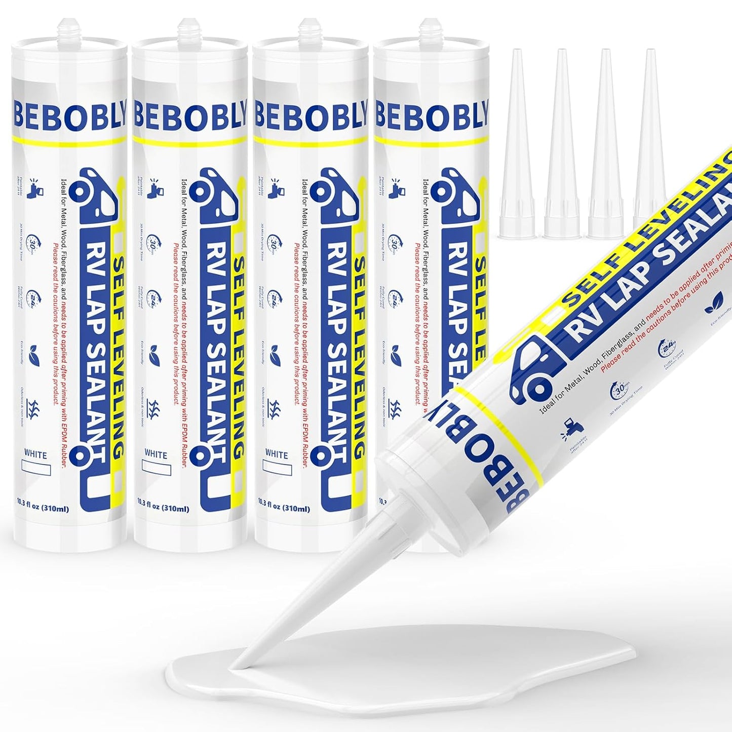 RV Roof Sealant, Self Leveling Lap Sealant White, RV Caulking Sealant Waterproof, Flexible & Non-Cracking, RV Lap Sealant for Camper, Trailer & Motorhome Roof Repair, Secure Odorless (4 Pack)