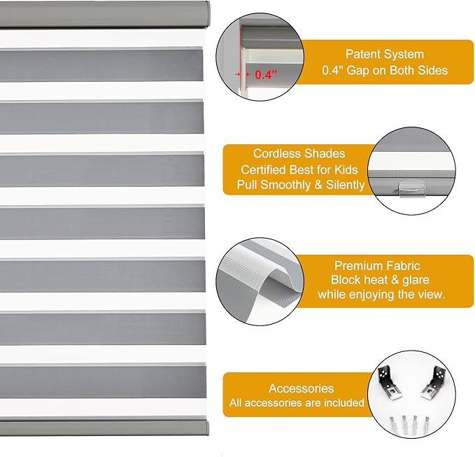 Persilux Cordless Zebra Blinds for Windows (31" W X 64" H, Grey) Free-Stop Roller Windows Shades Dual Layer Light Control for Day and Night, Light Filtering Sheer Shades for Home