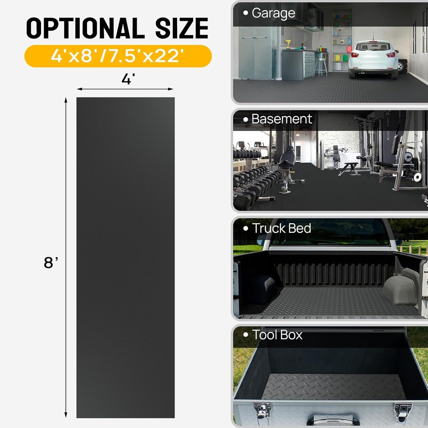 TUFFIOM 4x8 FT Garage Floor Mat, Thickened Diamond Plate PVC Garage Mats Flooring Roll for Under Car, Garage Parking Mats for SUVs, Golf Cart, Sports Car