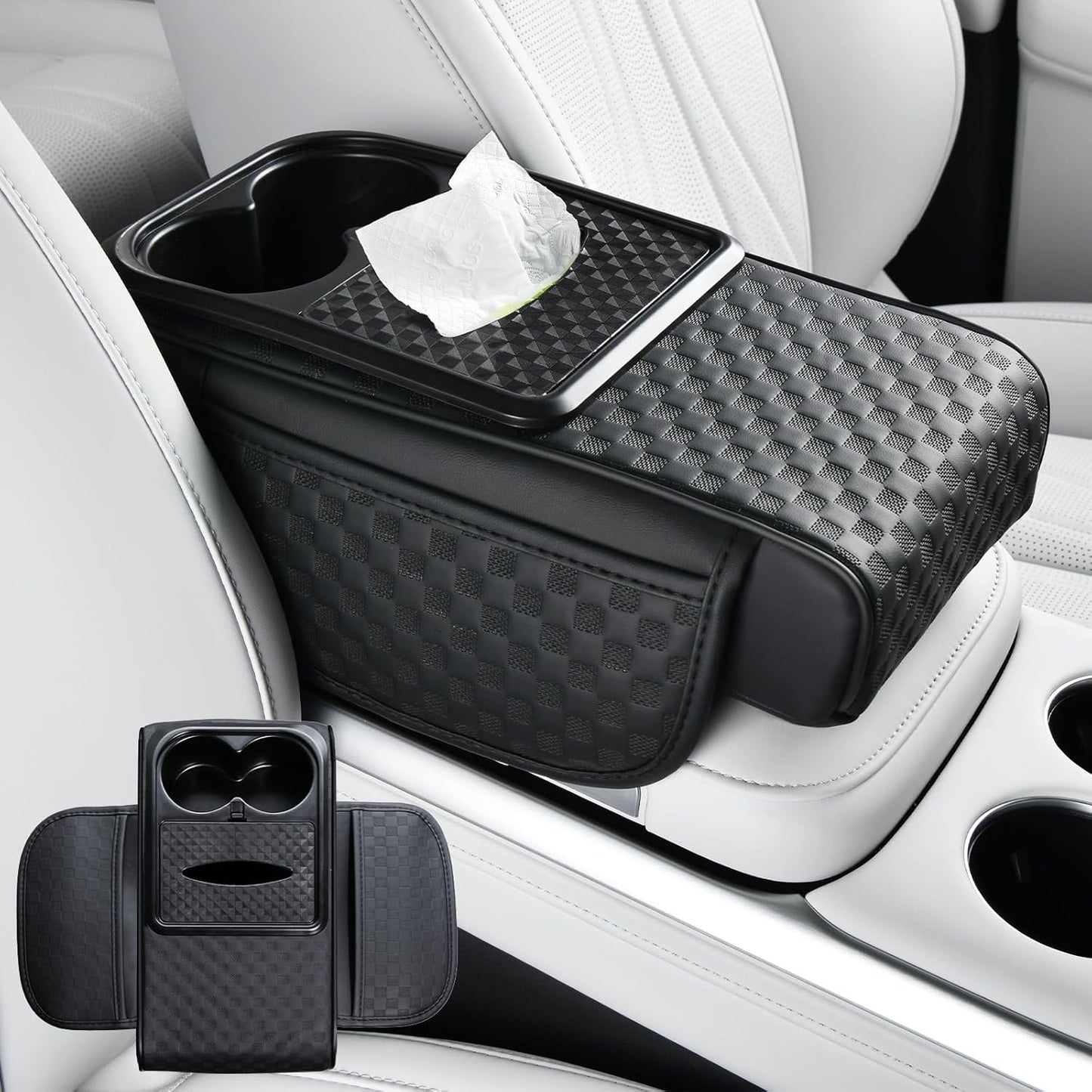 Car Center Console Cover, Armrest Cover for Storing Water Cups, Tissues, Cards, and Phones, 4-in-1 Center Cover with Soft Leather and High Resilience Memory Foam (Black)