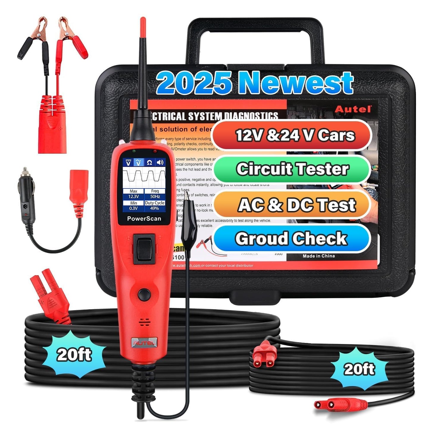 Autel PowerScan PS100 Automotive Circuit Tester 2.0, 12-24V Power Circuit Probe Tool, Auto Electrical Short Open Circuit Finder, AC/DC/Resistance/Component/Signal/Test Tool, w 20ft Extension Cable