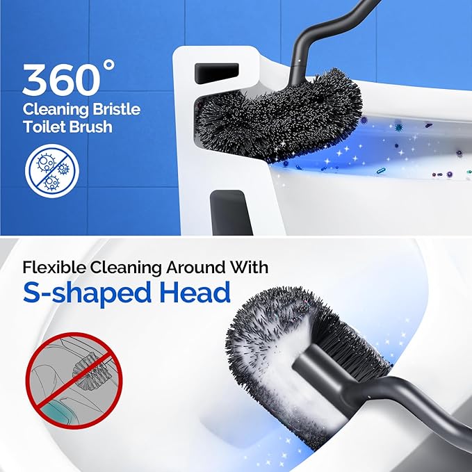 HAMITOR Toilet Brush and Holder Set: 304 Stainless Steel Heavy Duty Bowl Cleaner Brush - Deep Cleaning Under Rim Curved Bristle - Space Saving Wall-Mounted for Home RV Bathroom Accessories Silver