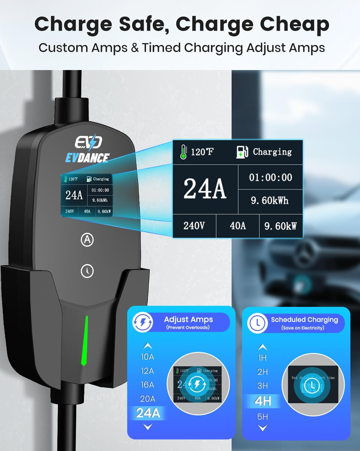 Level 2 EV Charger for Tesla, 24Amp 240V/25FT NEMA 10-30 Plug, 25FT Cable for Model S/3/X/Y, One-Touch Open Connector & Adjustable Current (10-24A) for Home/Garage Use, IP66 Waterproof