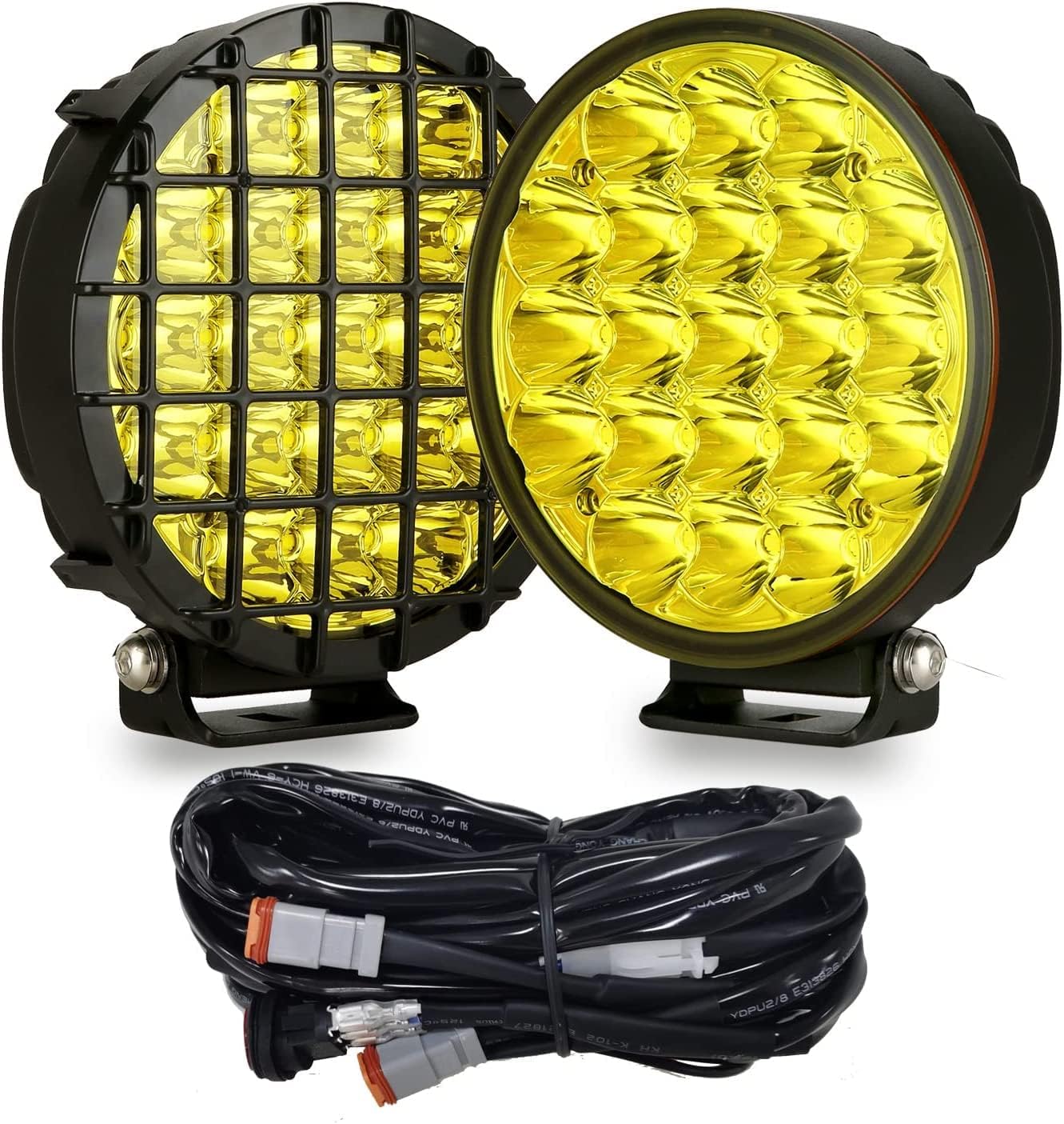 BIGLIONX 6inch 2pcs Amber Round LED Offroad Lights Amber Offroad Driving Fog Lights with Wiring Harness 210W 32000LM Waterproof IP68 IP69K 12V 24V for Pickup Trucks ATV UTV SUV