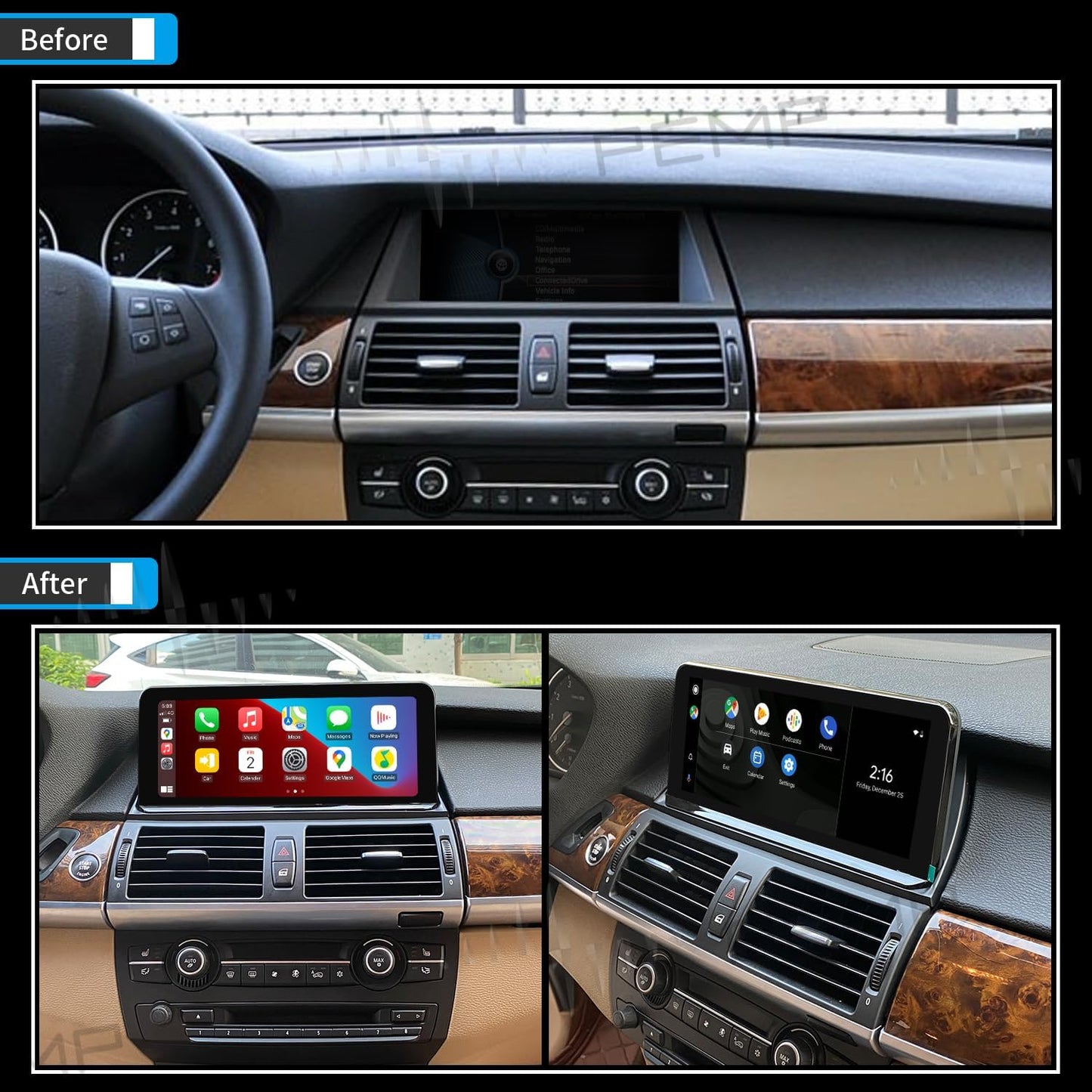PEMP Linux Vertical Screen E70 E71 CIC Wired and Wireless CarPlay Retrofit Android Auto, 1920 x 720 Display Mirror Link Car Radio Bluetooth Video Player Screen for BMW X5 X6 (2010-2012)