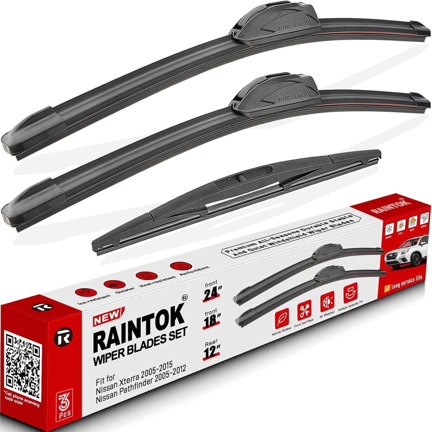 Windshield Wiper Blades Replacement for 2005-2015 Nissan Xterra / 2005-2012 Nissan Pathfinder Original Factory Quality Front Rear Wipers Blade Set for My Car - 24" 18" 12" (Pack of 3)
