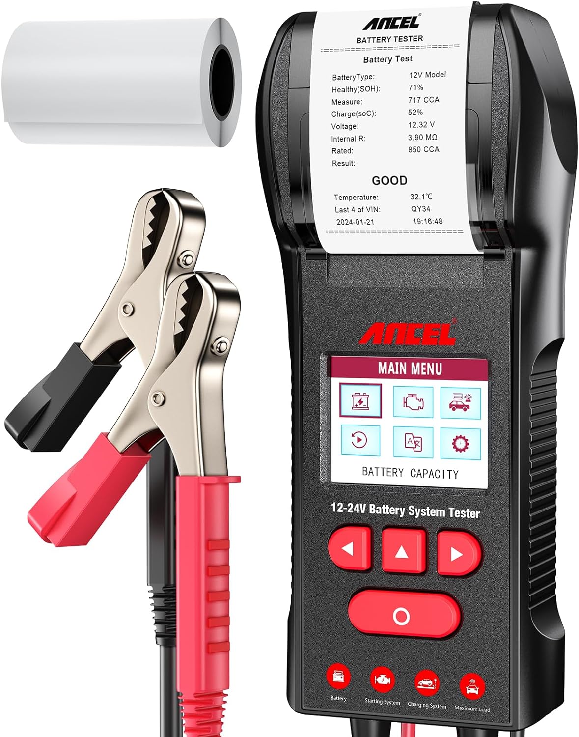 ANCEL BST600 Car Battery Tester with Printer - 12V/24V, 100-2000 CCA, Digital Auto Battery Load Tester - Cranking and Charging System Test for Heavy Duty Truck, Marine, Motorcycles, RVs, SUVs, Boats