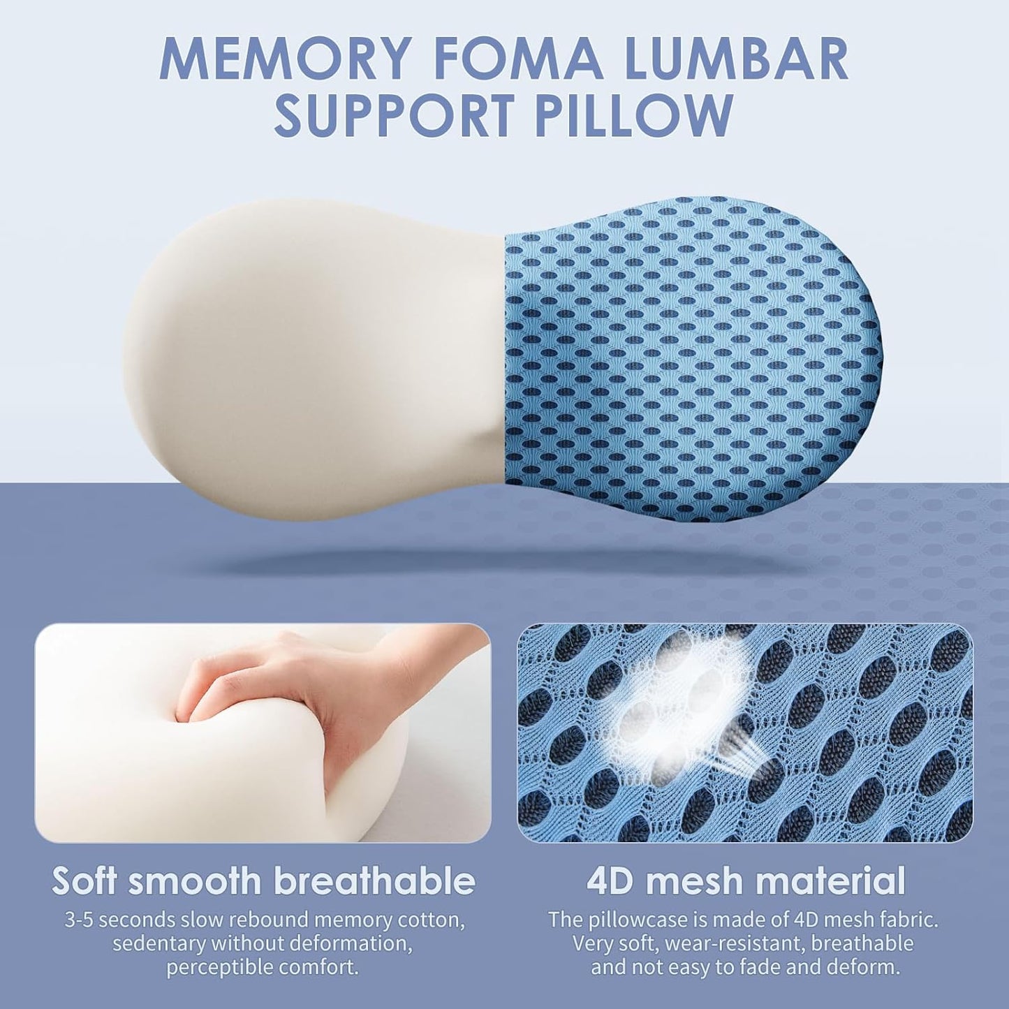 Lumbar Support Pillow Ergonomic Memory Foam, Relieve Back Pain, CMFY Breathable & Detachable & Washable, Perfect for Office Chairs, Car Seats, Beds (Blue)