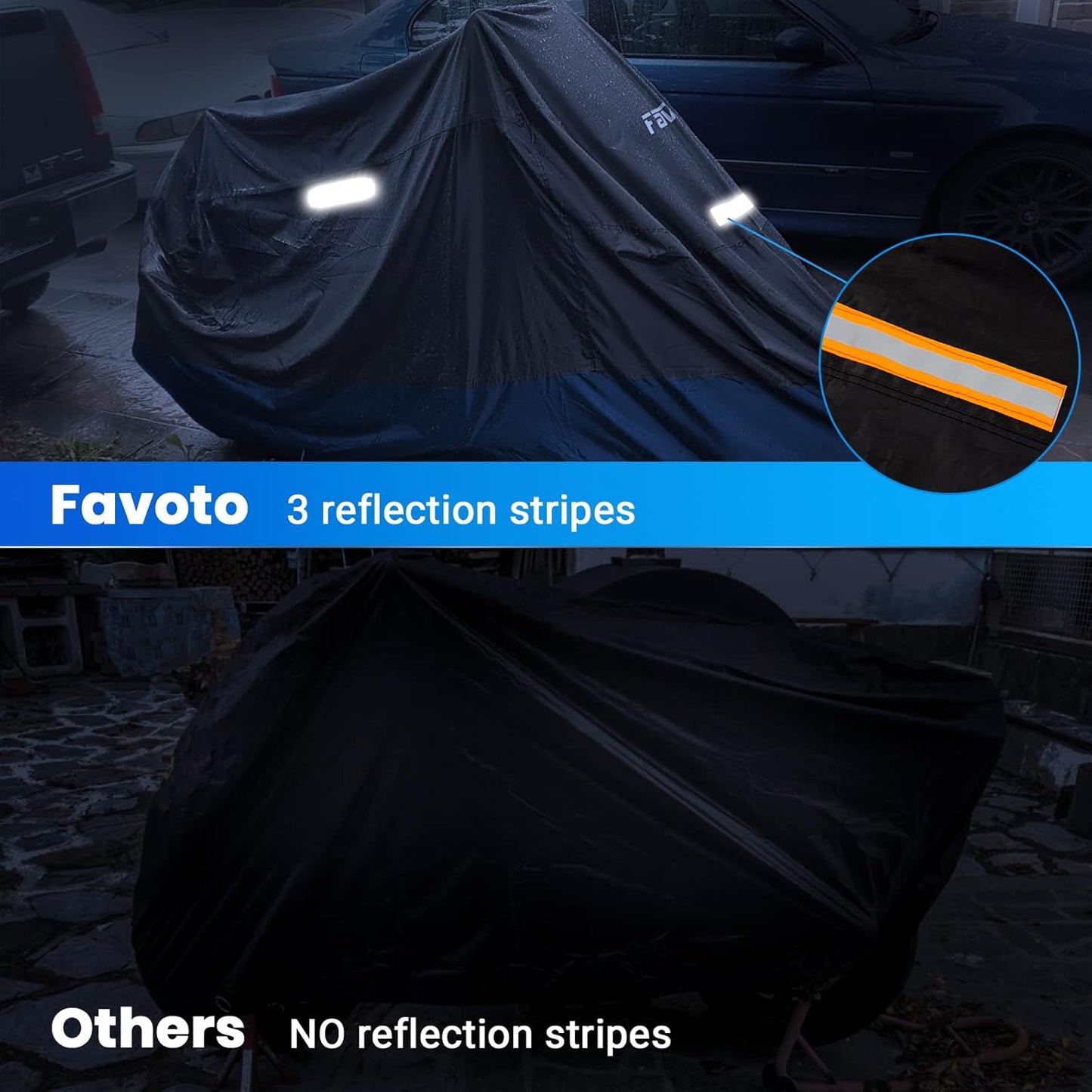 Favoto Motorcycle Cover 104 inches Length All Season Universal Weather Waterproof Rain Sun Outdoor Protection Night Reflector with Lock-Holes & Storage Bag Motorbike Vehicle Cover, Blue