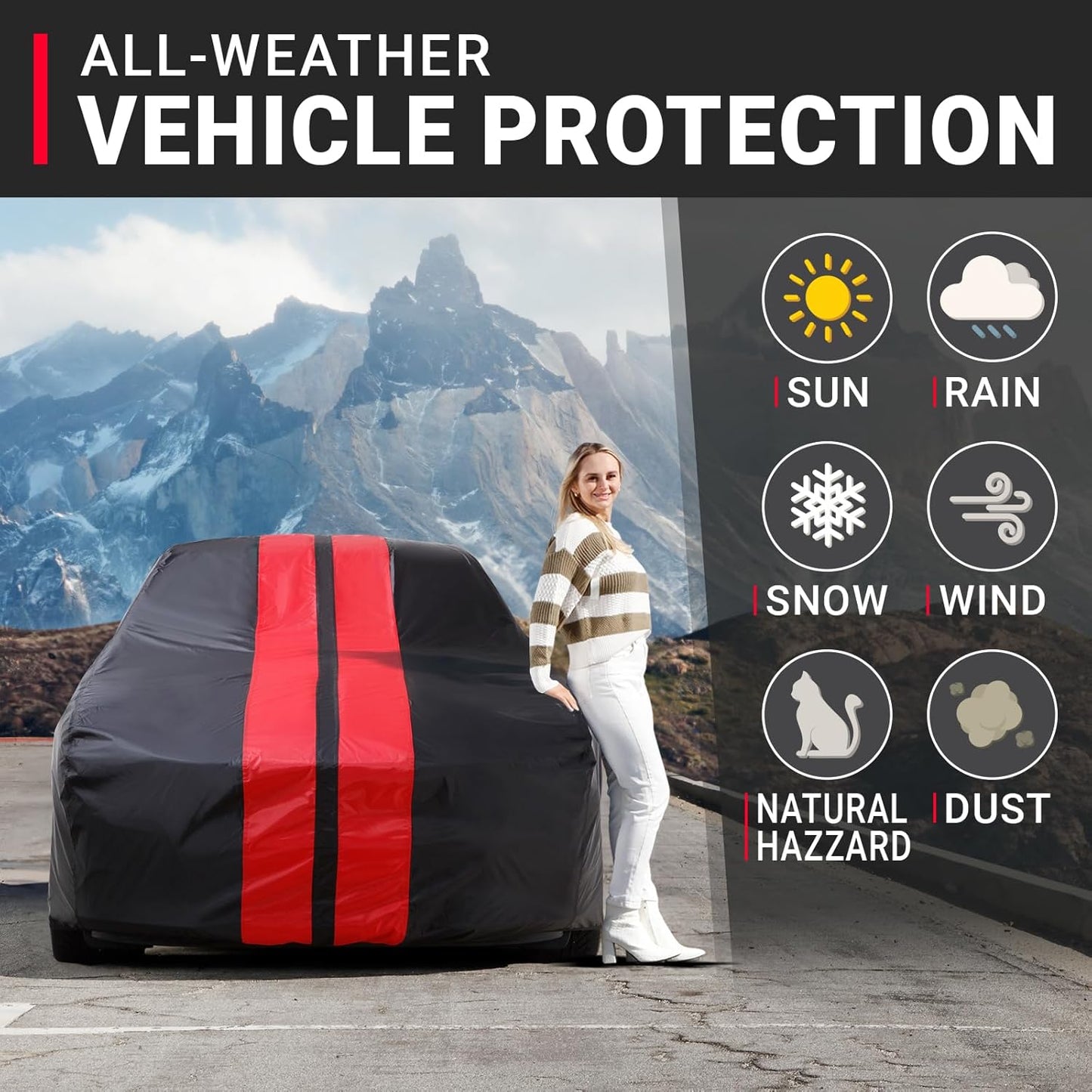 iCarCover Custom Car Cover for Buick Estate Wagon (1959-1990) Waterproof All-Weather Rain Snow UV Sun Protector Full Exterior Indoor Outdoor Car Cover (Stripe - Black/Red)