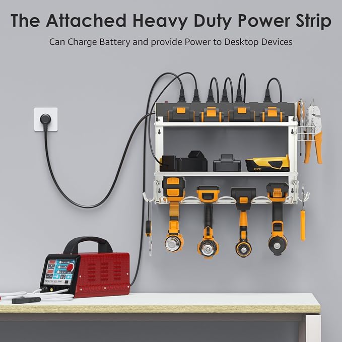 CCCEI Modular Power Tool Organizer Wall Mount with Charging Station. Garage Drill Storage Shelf with Hooks, Heavy Duty Rack, Tool Battery Holder Built in 8 Outlet. Gift for Men. Silver, 1 Pack.
