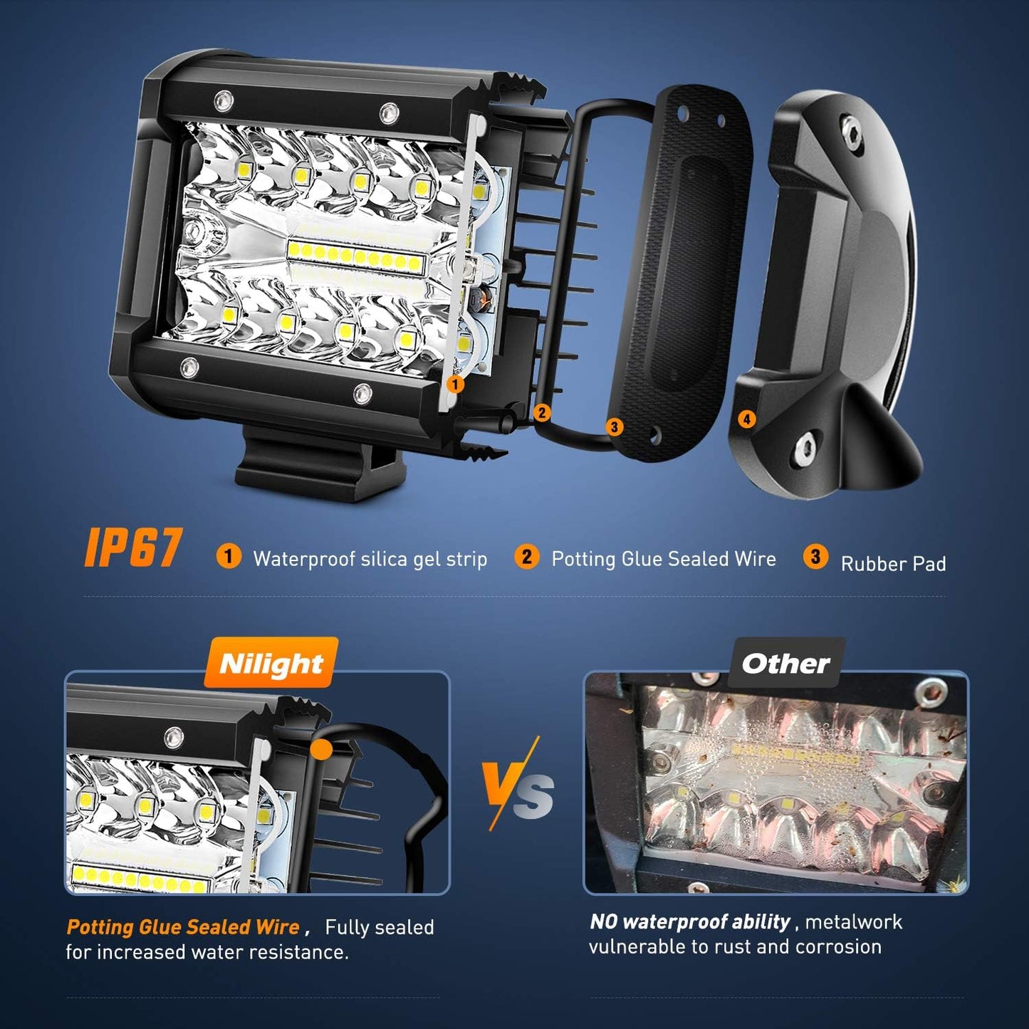 Nilight LED Light Bar 2PCS 60W 4 Inch Flood Spot Combo LED Work Light Pods Triple Row Work Driving Lamp with 12 ft Wiring Harness kit - 2 Leads