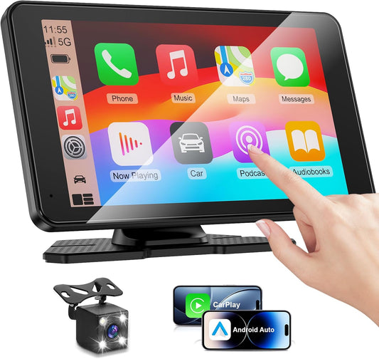 Apple Carplay Screen for Car, 7" HD Portable Car Stereo Touch Screen with Wireless Android Auto, Backup Camera with LED/Mirror Link/Voice Control/Bluetooth/GPS/AUX/FM Satellite Radio for All Vehicles