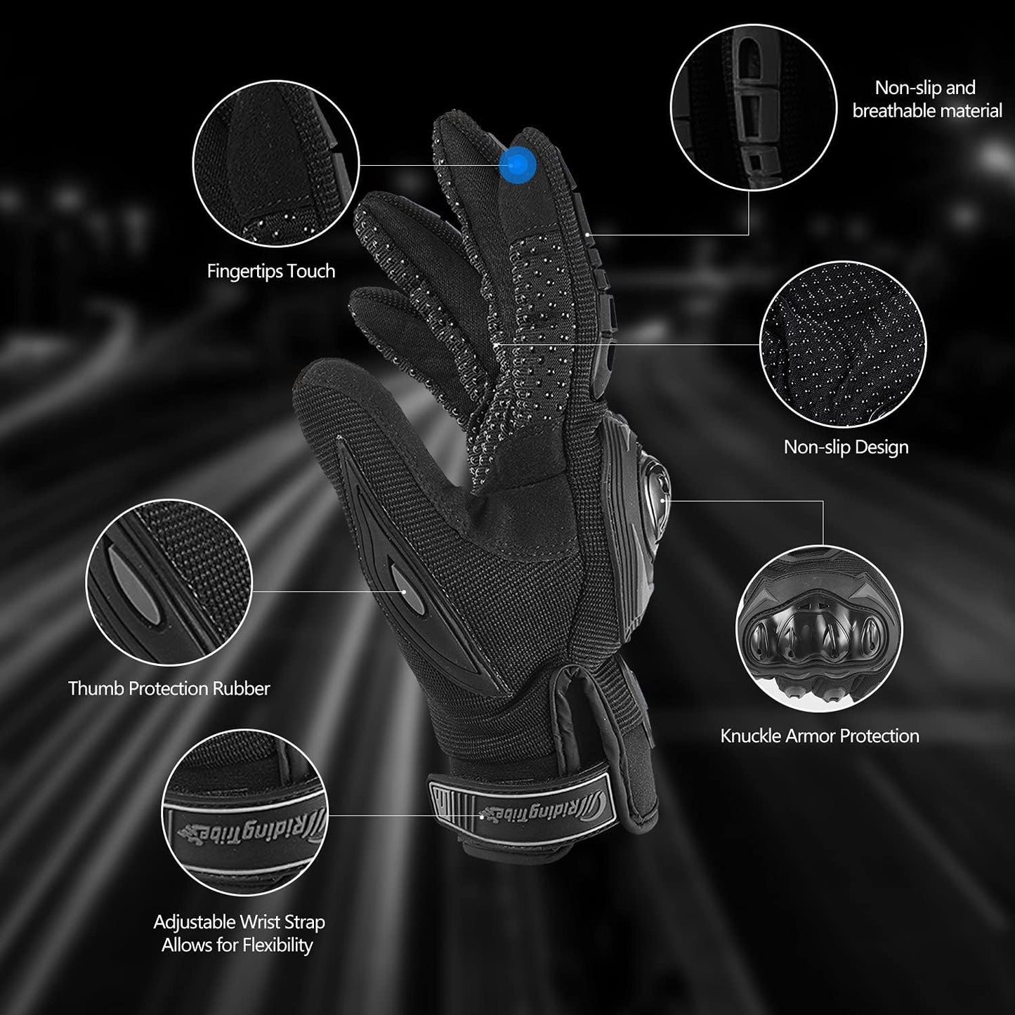 Motorcycle Gloves for Men and Women Full Finger Touchscreen Mountain Dirt Bike Gloves for Powersports BMX ATV MTB Driving Motocross Cycling Gloves(M, Black)