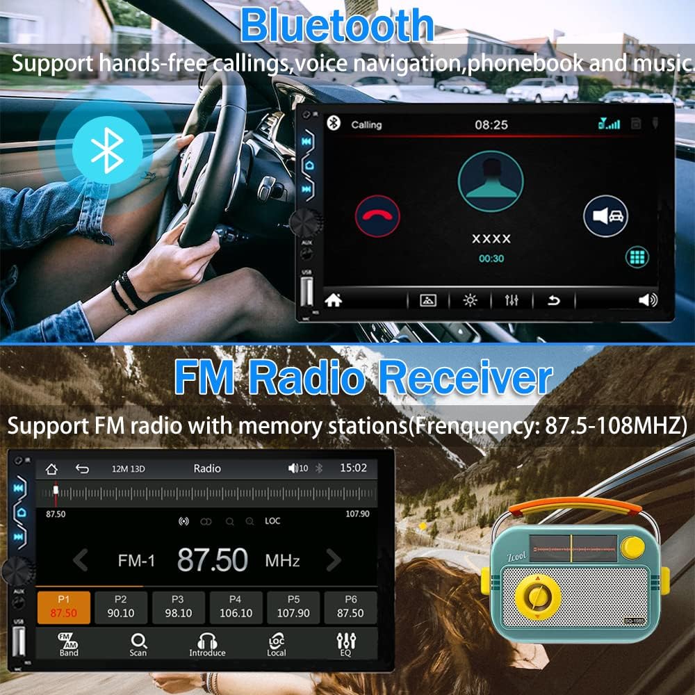 Double Din Car Stereo with Wireless Carplay and Wireless Android Auto,7 Inch Full HD Touchscreen Car Stereo Receivers Support Mirror Link,Bluetooth, Backup Camera,Steering Wheel,FM/USB/AUX/Subwoofer