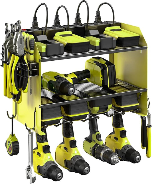 CCCEI Modular Power Tool Organizer Wall Mount with Charging Station. Garage Drill Storage Shelf with Hooks, Heavy Duty Rack, Tool Battery Holder Built in 8 Outlet. Gift for Men. Green, 1 Pack.