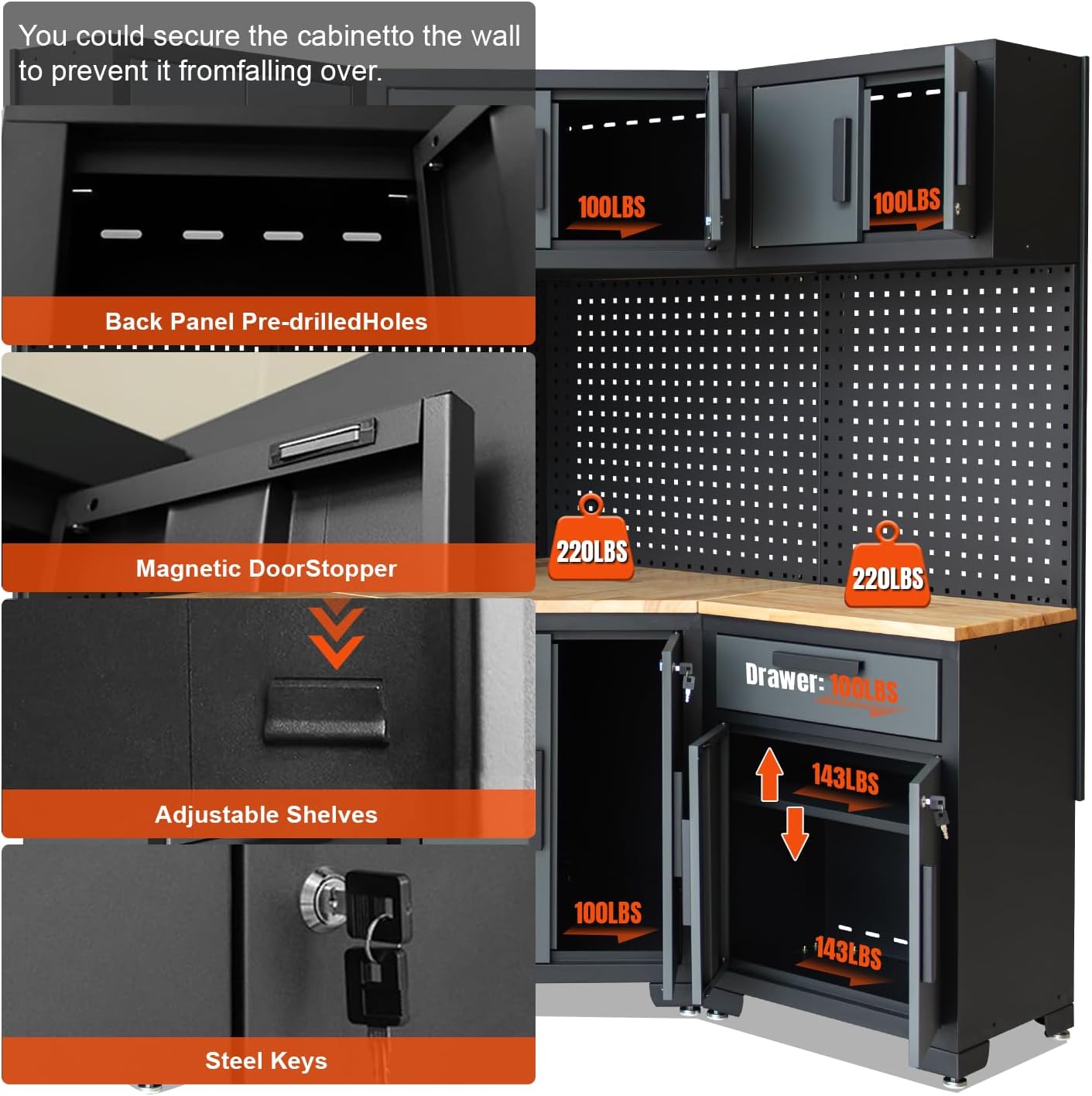 Corner Workshop Set - Garage Cabinets and Storage System with Corner Cabinet, Cabinet Drawers, Workbench, Pegboard for Tool Organization - Black and Grey