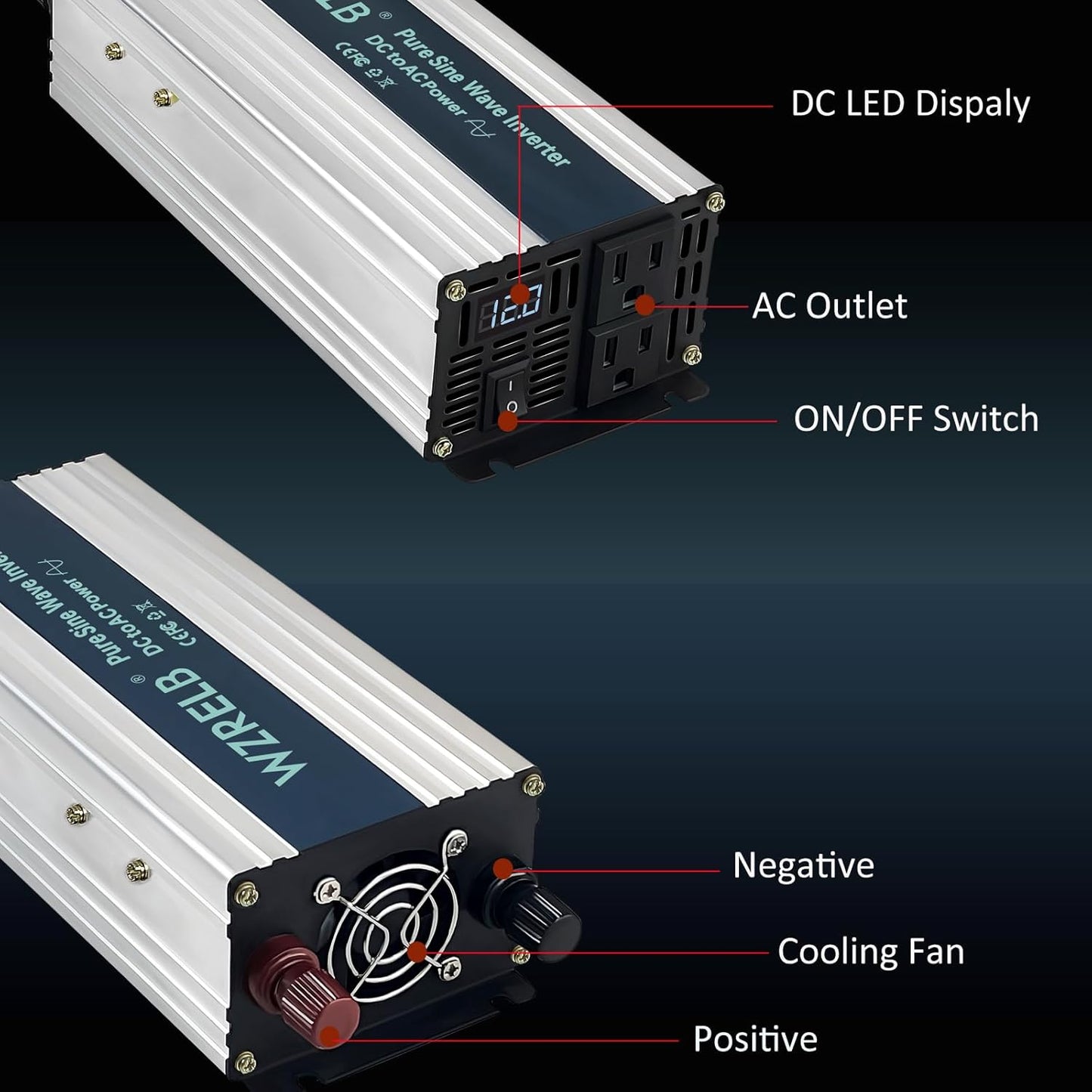 WZRELB 800W Pure Sine Wave Inverter 36V DC to 110V 120V AC Power Converter with LED Display, Off-Grid Portable Power Inverter with 2 AC Outlets for Home, RV, Truck, Camping