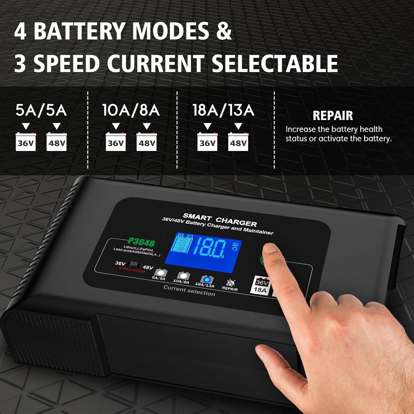 Golf cart Battery Charger, 48V 13A and 36V 18A Trickle Charger,48 Volt cart Golf Charger,for 48 Volt Club Golf Car,Lithium,LiFePO4,Lead-Acid AGM/Gel/SLA..Battery Chargers,3 Pin Round Plug