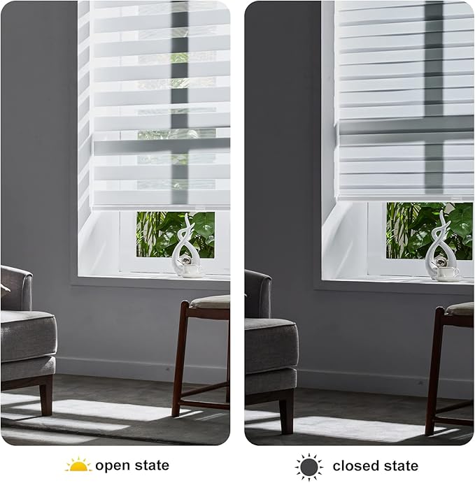 Persilux Cordless Zebra Blinds for Indoor Windows, Free-Stop Zebra Blinds Cordless, Light Filtering Sheer Shades Dual Layer for Day and Night, Zebra Roller Shades for Home (46.5" W X 47" H, White)