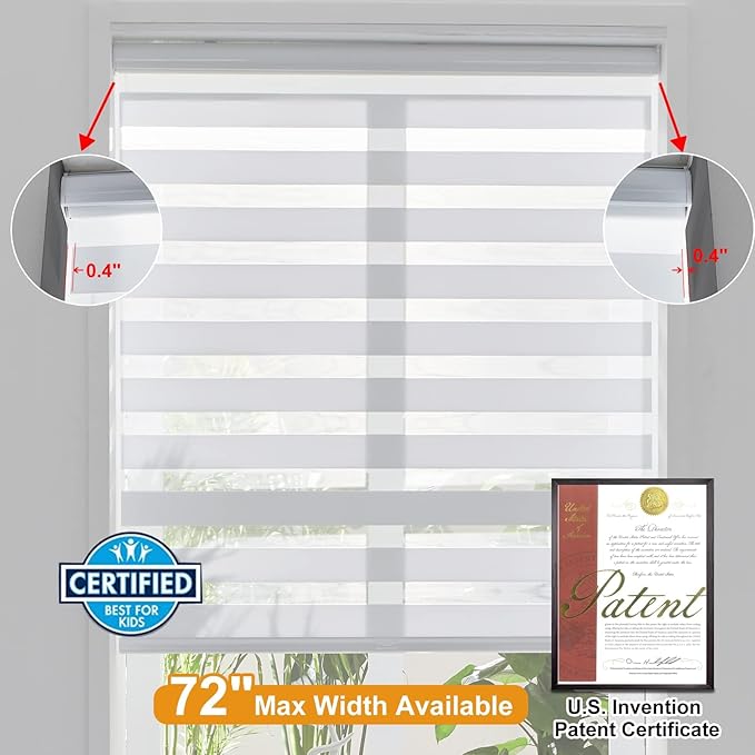 Persilux Zebra Blinds Cordless, Zebra Roller Shades for Windows (61" W x 72" H, White) Light Filtering Day and Night Window Drapes Sheer Shades for Home, Bedroom and Sliding Door Easy to Install