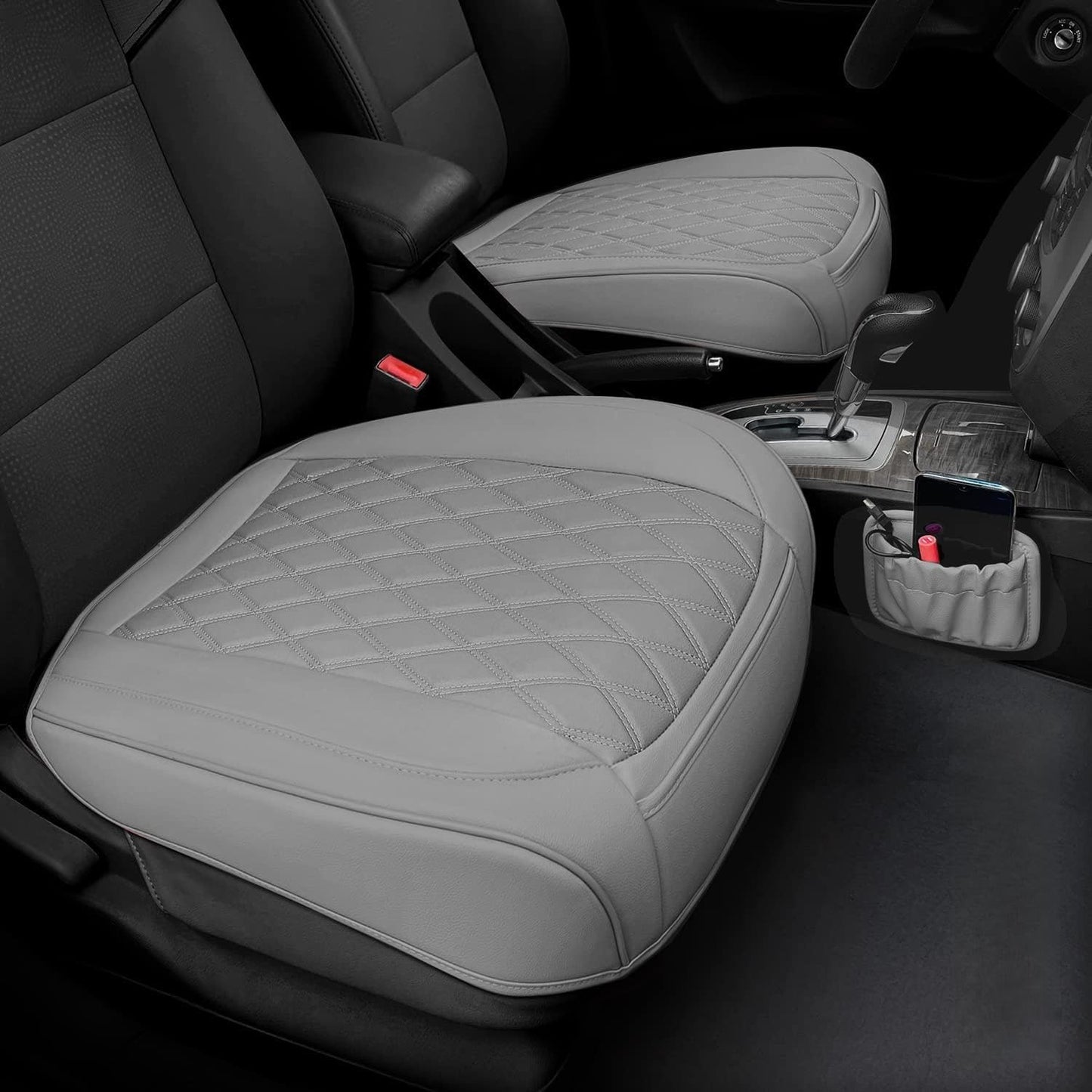 2 Pack PU Leather Front Car Seat Cover Bottom Car Seat, Anti-Slip and Full Wrap Driver Car Seat Protectors with Storage Pocket, Luxury Waterproof Bottom Auto Seat Cushion Pad for Most Vehicles(Gray)