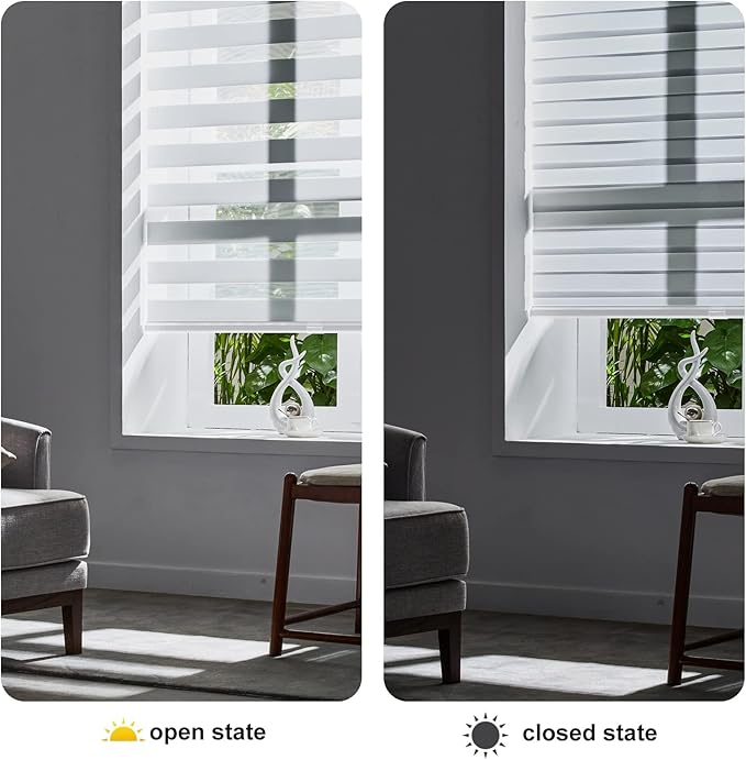 Persilux Cordless Zebra Blinds for Windows Dual Layer Roller Blinds (54" W x 64" H, White) Free-Stop Roller Blinds, Light Control for Day and Night, Light Filtering Sheer Roller Shades for Home