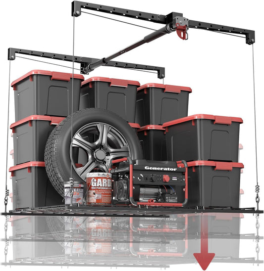 Overhead Garage Storage Lift, Adjustable Heavy-duty 4x4 Ft Ceiling Racks with Safety Lock, Ideal for Storage Lifting Organization System, 250lbs Capacity (Standard Edition)