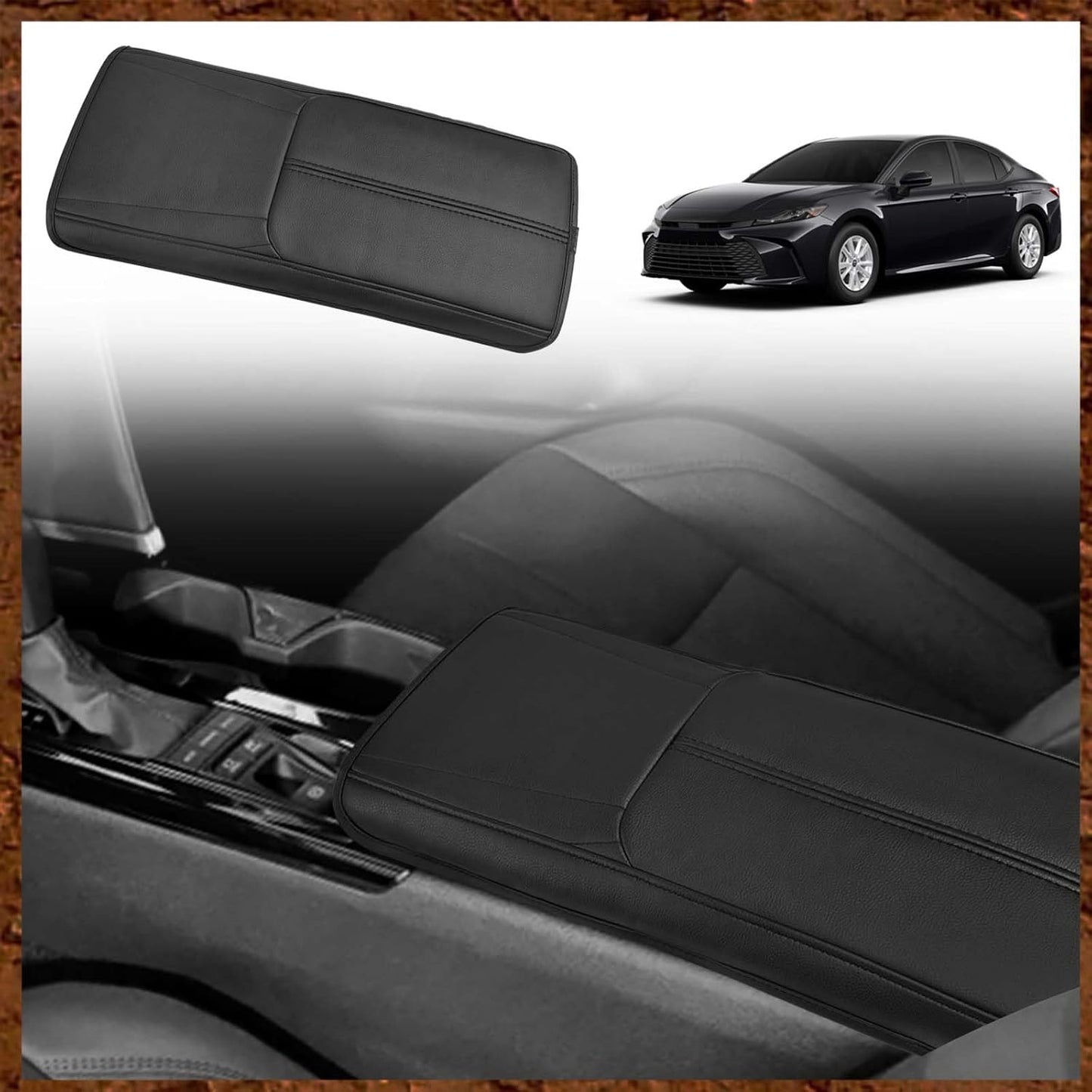 Muslogy Armrest Pad Center Console Cover Compatible with 2025 Toyota Camry LE SE XLE XSE Accessories Armrest Lid Protector Vegan Leather Extra Soft Lid Cushion (Black/Black Stitching)