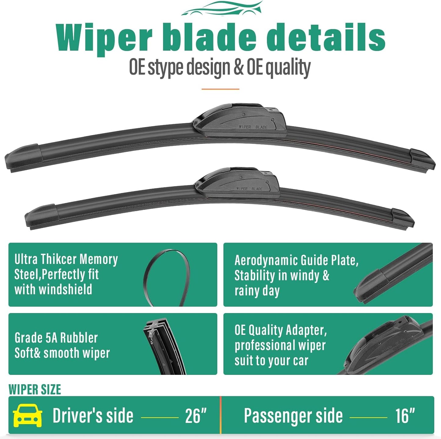 26" 16" 11" Windshield Wiper Blades Replacement for Kia Sportage 2017 2018 2019 2020 2021 2022 Premium All Weather Front Rear Wipers Set - OEM Quality (Pack of 3)