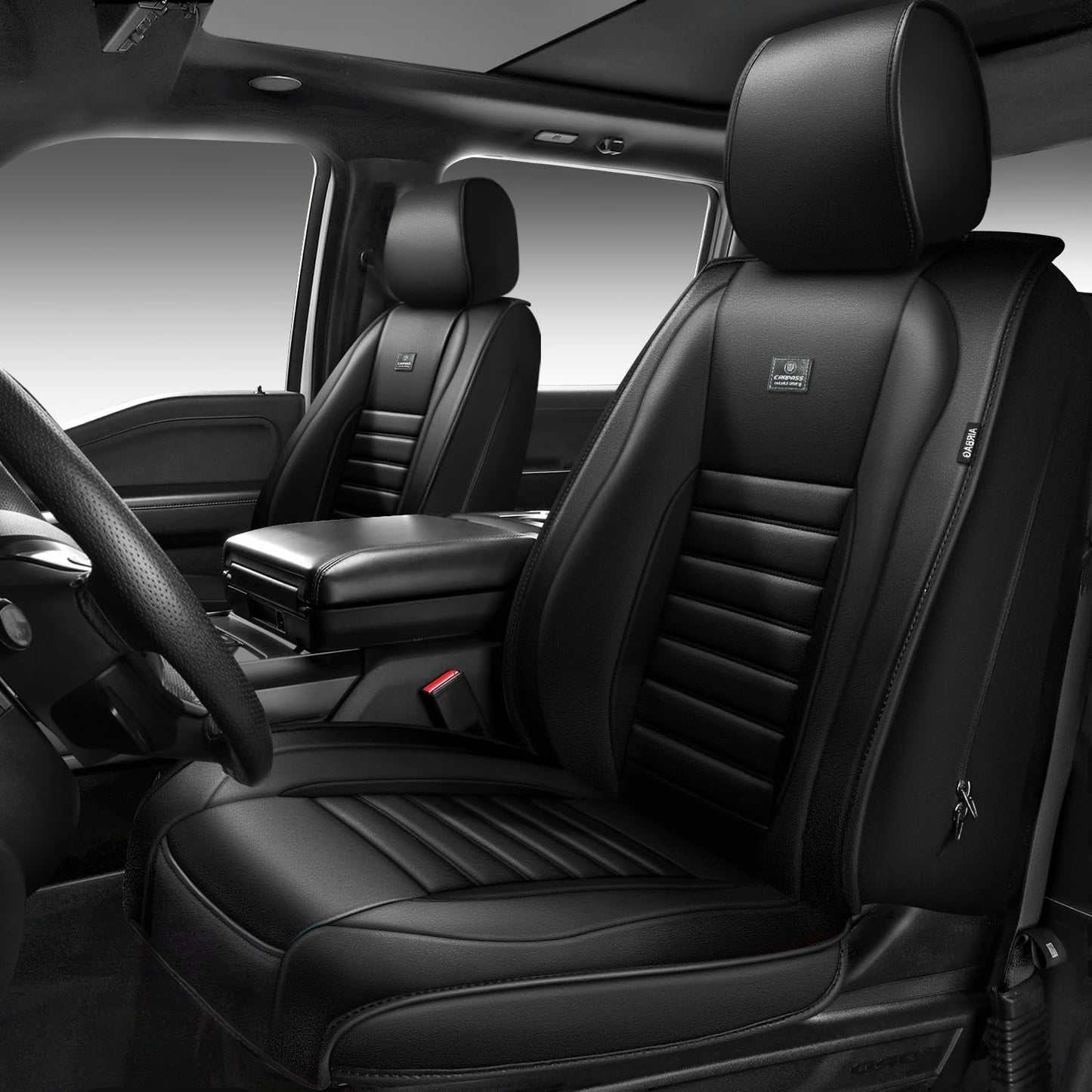 CAR PASS Nappa Leather Car Seat Covers Front Seats, Luxury Seat Protector for Cars, Waterproof Anti-Slip Seat Cushion Armrest Compatible Airbag Universal for Sedan SUV Pick-up Truck Automotive, Black