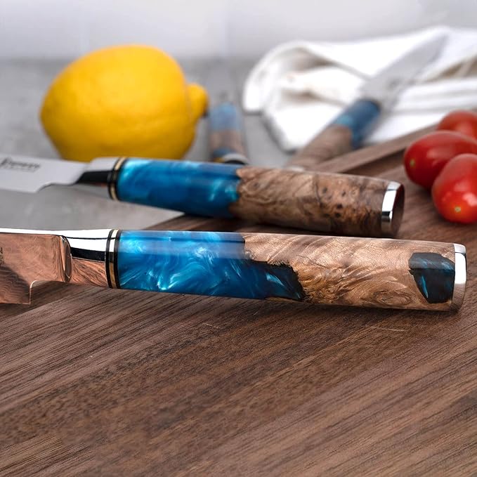 SENKEN Damascus Steak Knife Set - Tsunami Collection - 67-Layer Japanese VG10 Steel - Razor Sharp Non-Serrated Blades, Blue Resin & Natural Wood Pattern Handles, Luxury Gift Box (6 Steak Knife Set)