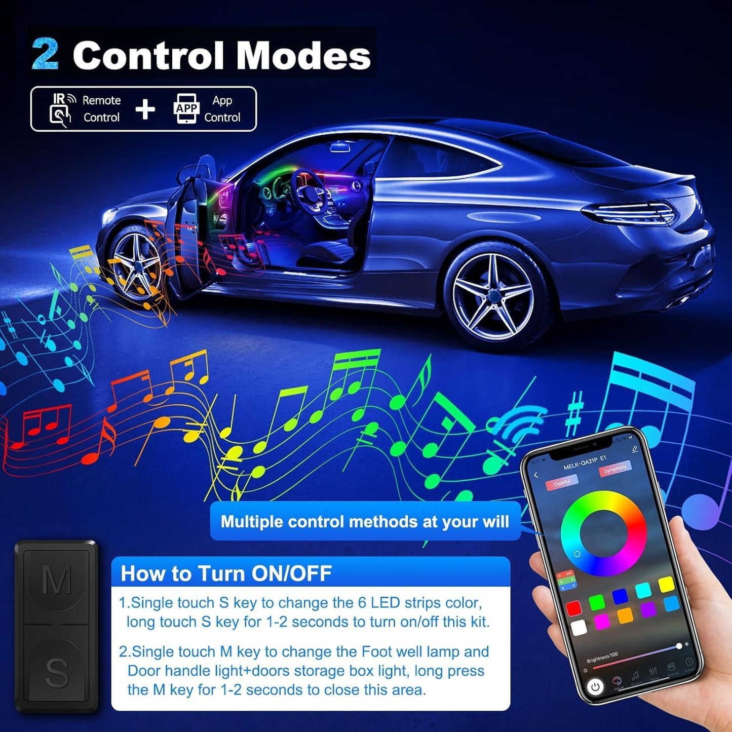Dreamcolor Acrylic Interior Car LED Strip Light with Wireless APP, RGB 6 in 1 with 175 inches 600 LEDs Fiber Optic Car Ambient Lighting Kits, Sound Active Function LED Strip for Car Accessories