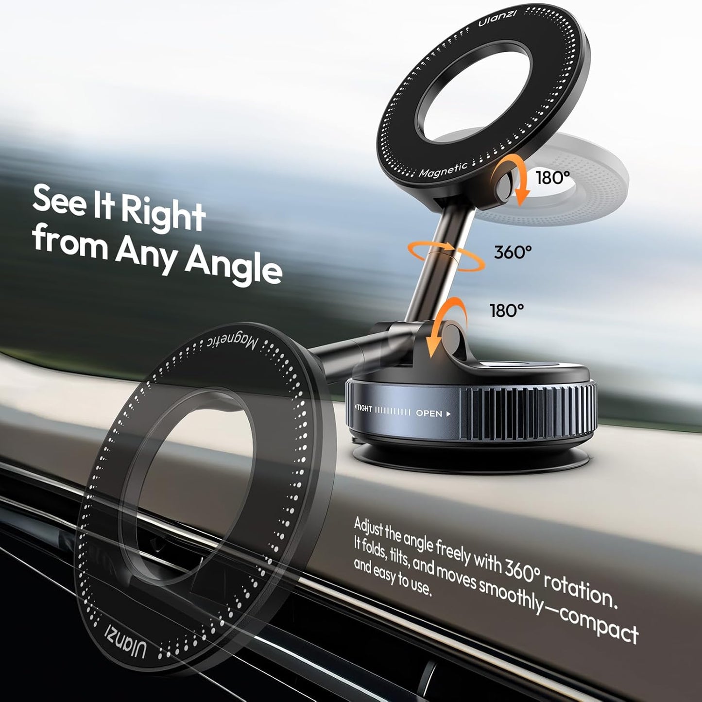 ULANZI SK-25 Car Phone Holder for Magsafe, Vacuum Suction Cup Magnetic Phone Mount, 360° Adjustable Phone MagMount for Car/Ceramic Tile/Gym/Mirror, Load up to 1kg, Magnetic Force ≥14N（Black）