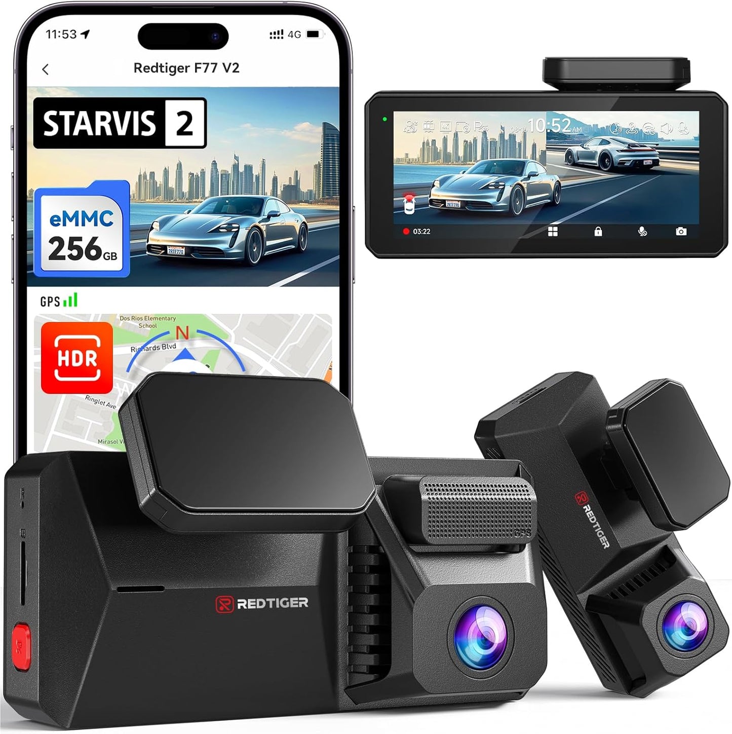 REDTIGER Dual 4K Dash Cam with 256GB eMMC, STARVIS 2 IMX678 Front and Rear Dash Camera with Dual HDR, Voice Control, 4'' Touch Screen, Built-in 5.8GHz WiFi GPS, HDR Night Vision (F77 V2)
