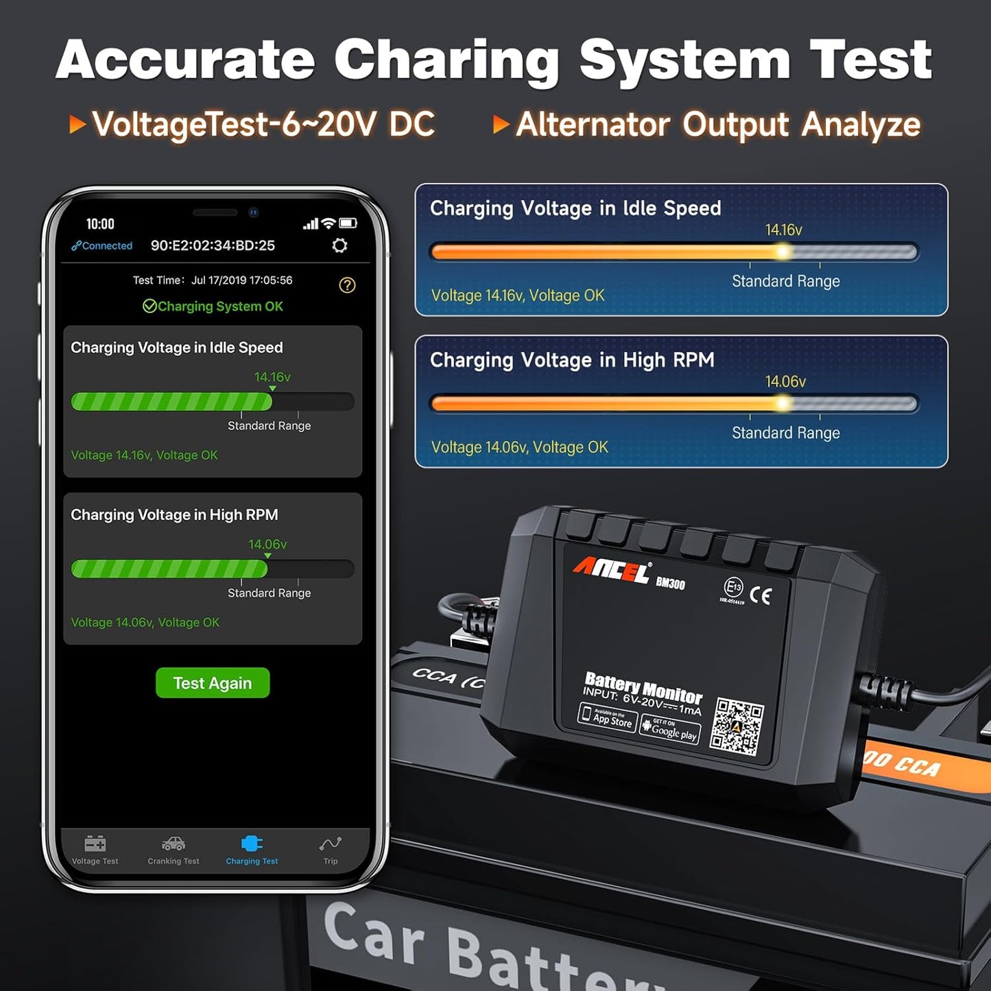 ANCEL BM300 12V Battery Monitor, Bluetooth 4.0 Automotive Voltmeter with Charging, Cranking System Test & Alarm - Compatible for Solar Power Systems, RVs, Motorcycles, Boats, Cars, and Trucks