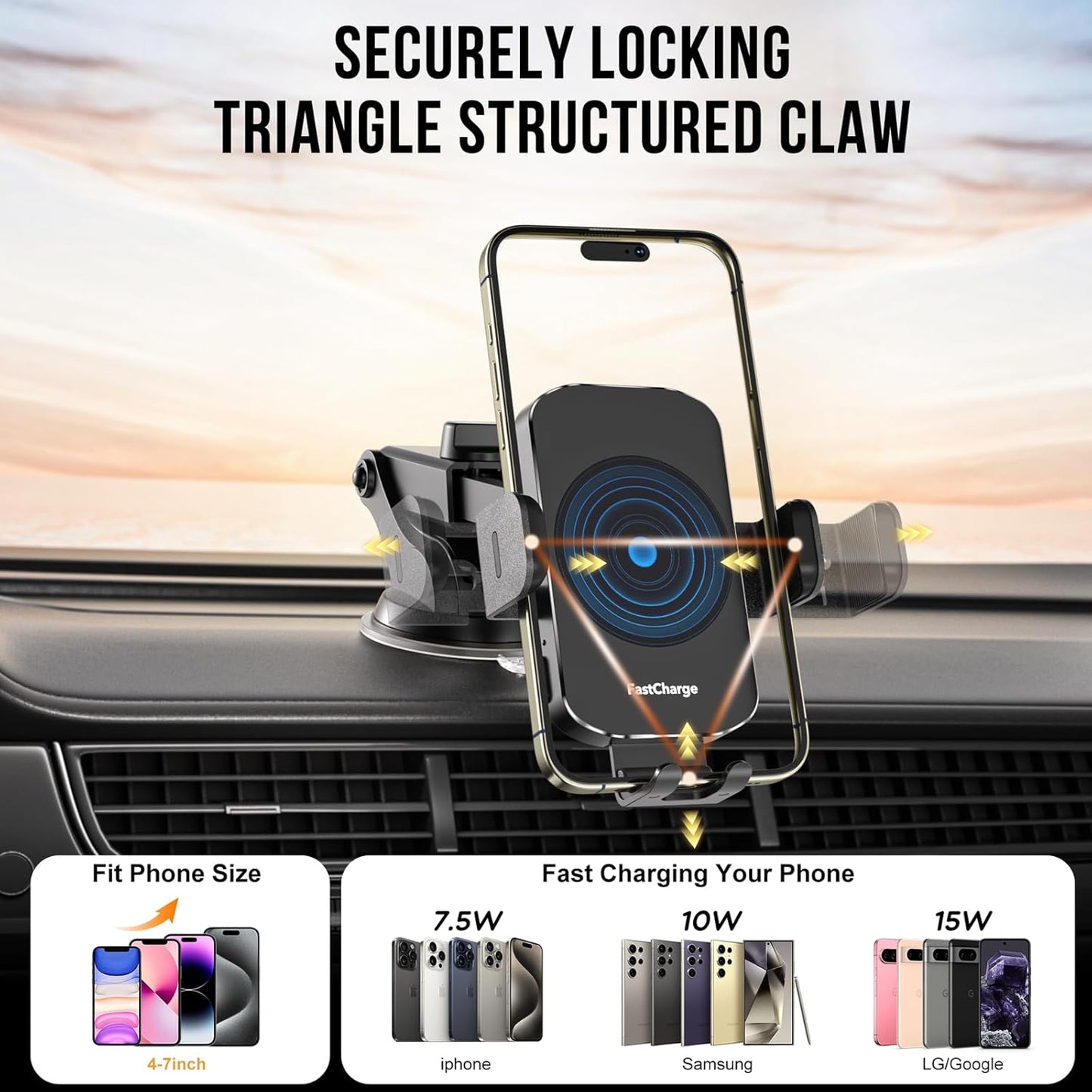 Wireless Car Charger, Fast Charging 15W Auto Clamping Car Charger Phone Holder Phone Mount for iPhone16 15 14 13 12 11 Pro Max Xs, Samsung Galaxy S24 Ultra S23 S22 S21 S20 S10+ Note 9, etc