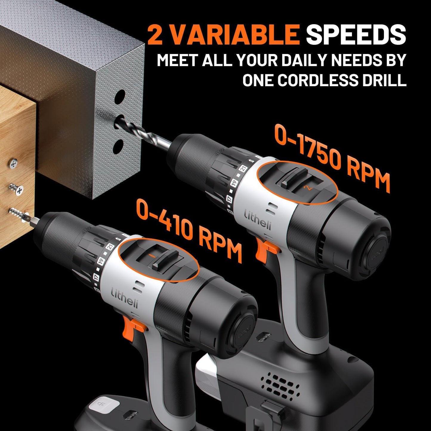 Litheli 20V Cordless Drill Driver Set, Electric Power Drill with 2 Variable Speed Settings, 1/2 Inch Keyless Chuck, 21+1 Clutch Settings with Maximum Torque of 443 In-lbs (Charger not Included)