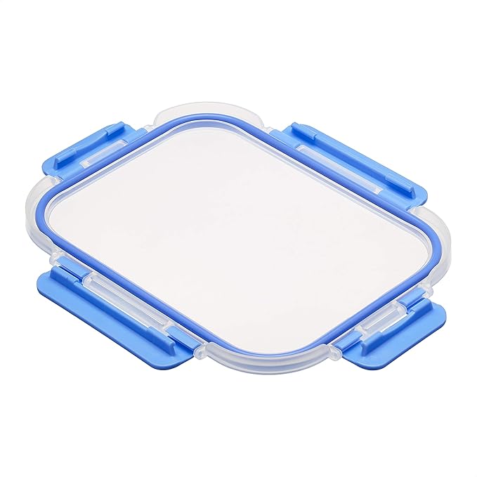 Amazon Basics Glass Food Storage Containers with Locking Lids, Set of 7, 14 pieces including lids, BPA-Free, clear with blue silicone ring