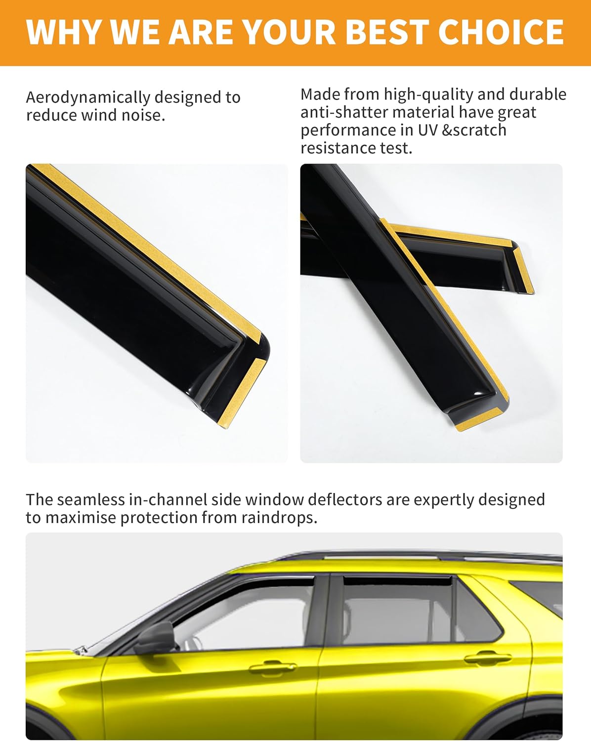 in-Channel Window Rain Guards Fit for Ford Explorer 2020 2021 2022 2023 2024 2025Extra Durable Window Deflectors Vent Visors Shades Exterior Car Accessories Visors Rain Guards - 4 pcs