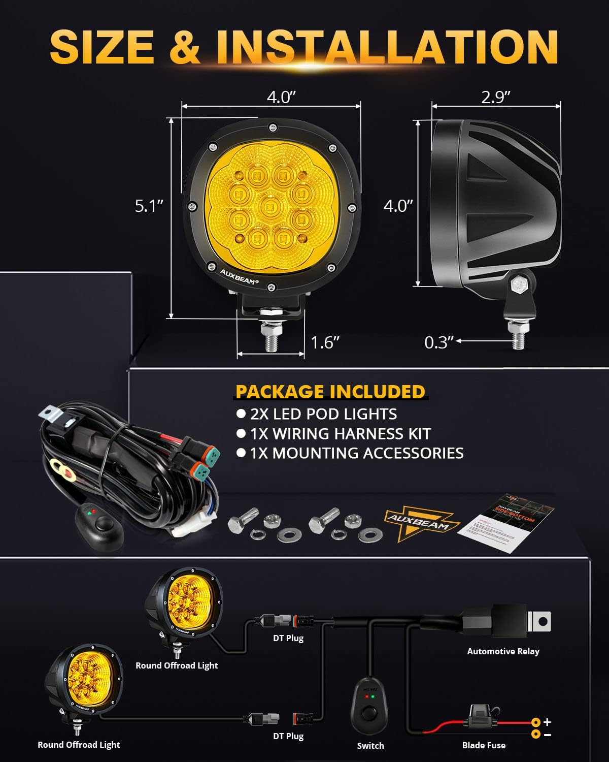 Auxbeam P4 Series Flood Beam Amber Round Light Pods, 4 Inch 90W Yellow Flood Light Bar Backup Reverse, LED Offroad Lights Automotive Work Lights Super Bright Fog Lamp, Pair