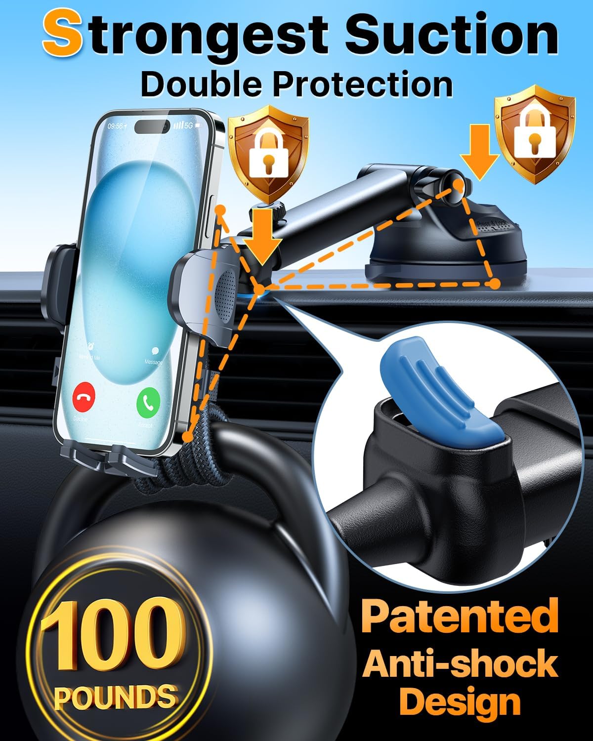 HTU 2025 Best Car Phone Holder 【Ultimate 5-in-1 & Upgraded 100+LBS Strongest Suction】【True Military-Grade & Safety Cert】 360° Windshield Dashboard Vent Mount Stand for iPhone Android & Truck, Black