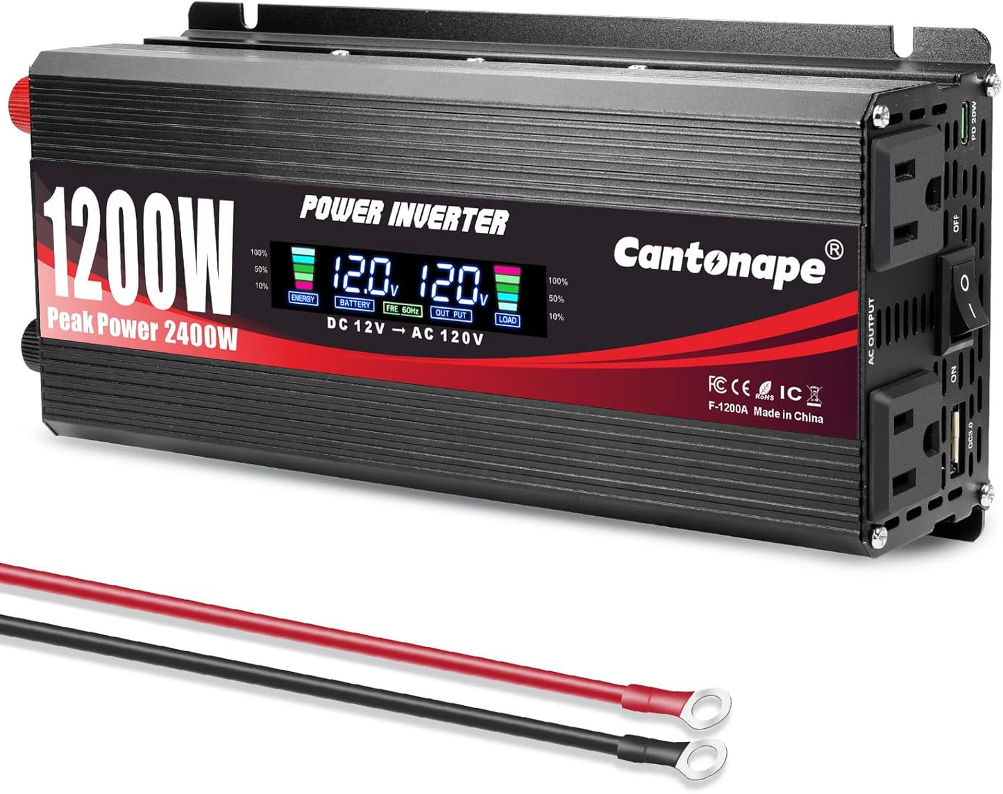 1200W/2400W(Peak) Power Inverter DC 12V to 110V/120V AC Converter with LCD Display Dual AC Outlets 3.0A USB and Type-C Car Inverter for Truck Vehicles Laptop Trip