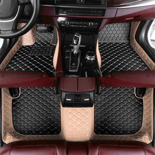 Add Personal Touch to Your Vehicle with IMEISH Customizable Logo Text Car Mats for 99% of vehiclesPads Protection Non-Slip Leather Floor Liners (Beige and Black Beige)