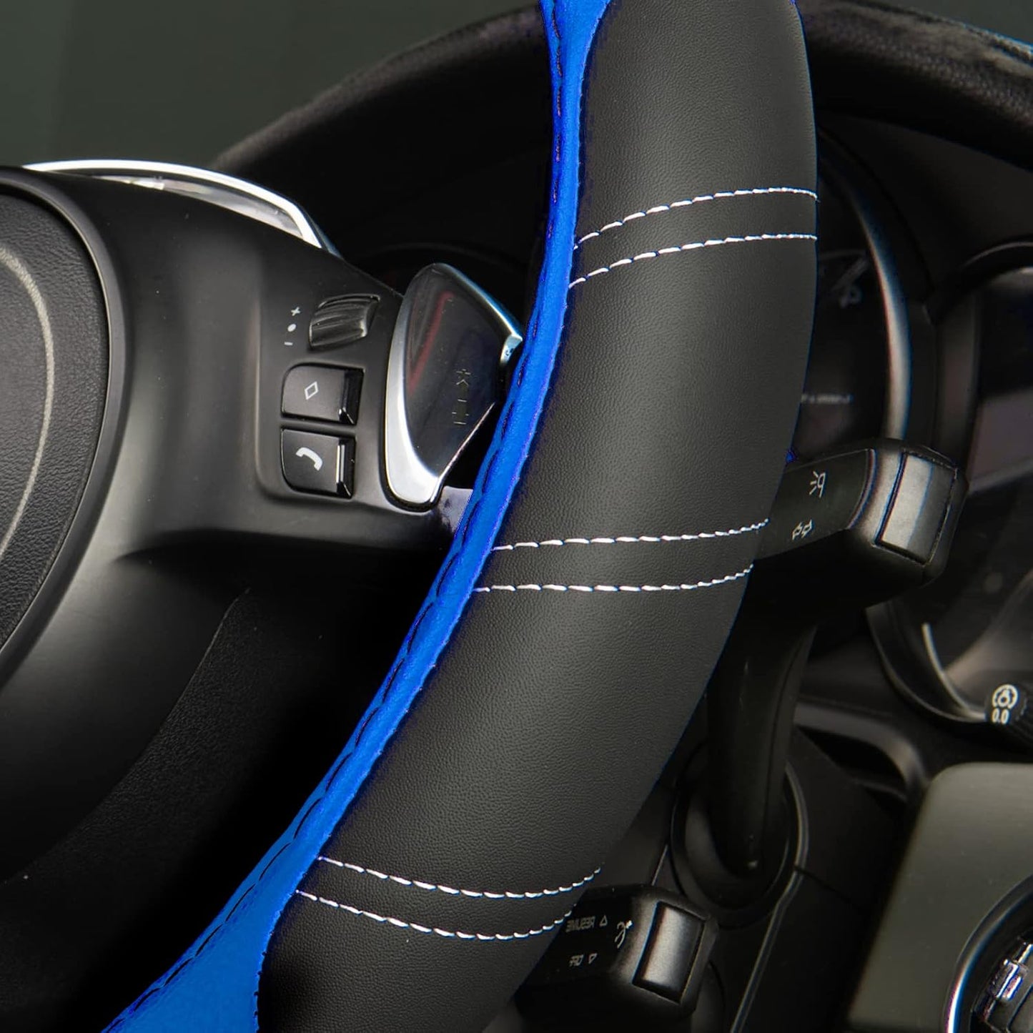 CAR PASS Line Rider Microfiber 14 Inch Leather Sporty Steering Wheel Cover Universal Fits for Truck,SUV,Cars, Anti-Slip Safety Comfortable Desgin (Black-Blue)