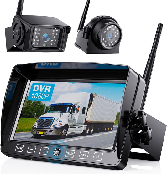 Wireless Backup Camera System with 7-Inch DVR Dual/Quad Split Touch Monitor, IP69 Waterproof HD 1080P Wireless 2 Rear View Side View Camera for RV Trailer Truck 5th Wheel,BW702