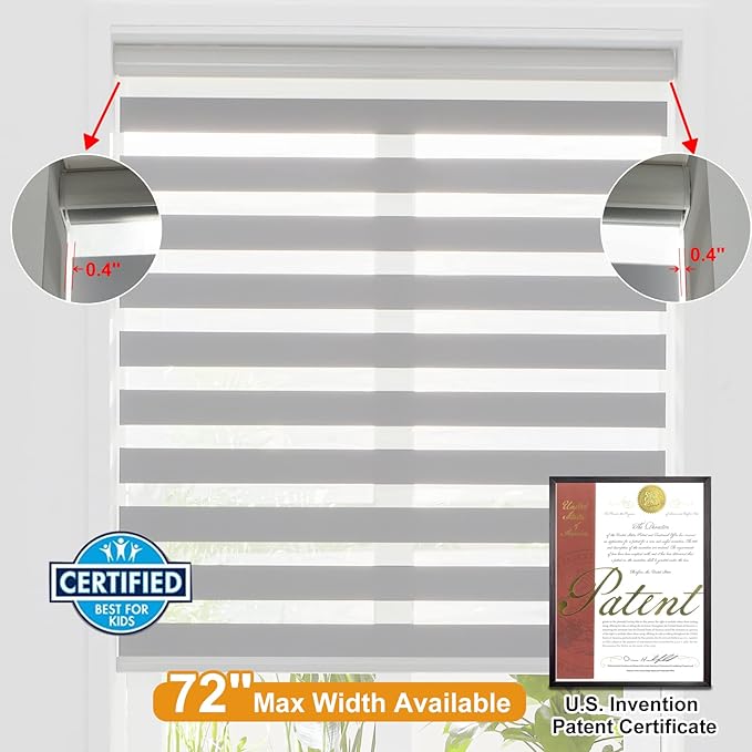 Persilux Cordless Zebra Roller Window Shades Free-Stop Roller Blinds (46" W X 47" H, Grey) Light Control for Day and Night, Light Filtering Sheer Roller Shades for Windows, Easy to Install